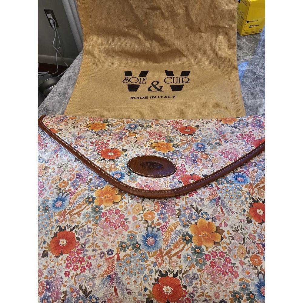 Soie & Cuir Made In Italy V&V Clutch Handbag Beautiful Leather Accents Floral